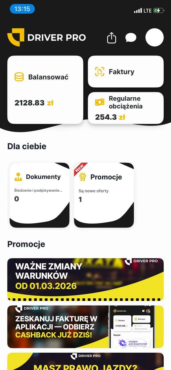 The white-label app home screen: balance, invoices, documents and fleet promos