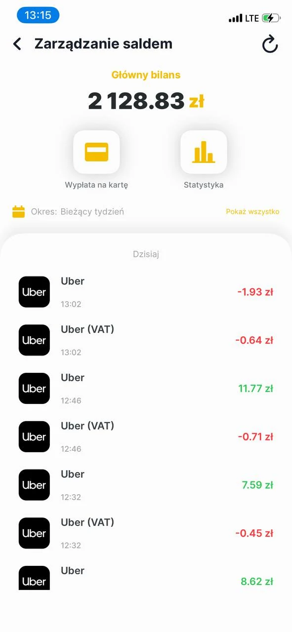 Balance screen: card payout, statistics and live Uber transactions