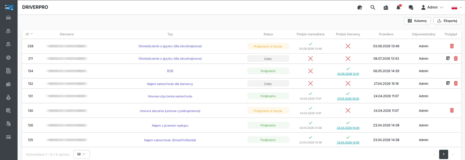 Driver documents: contract type, status, manager and driver signatures and date sent