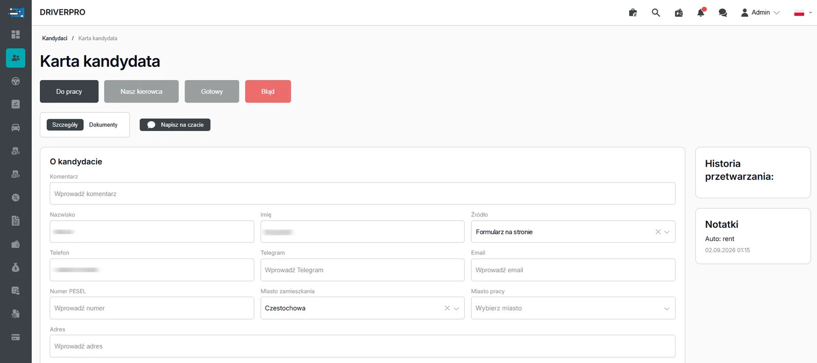 Candidate profile: contact details, source, notes and processing history