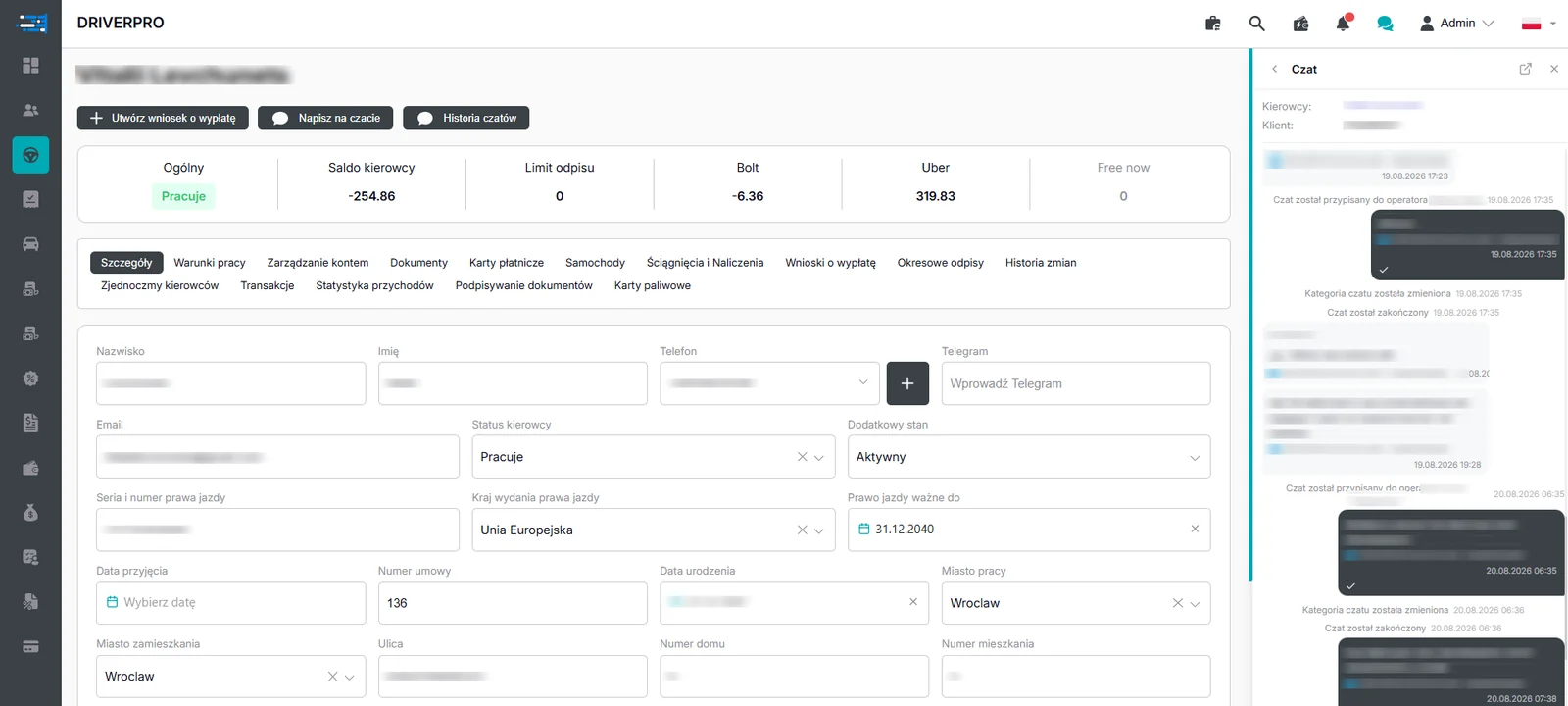 Driver profile with the chat open: details, balance and the whole conversation in one window