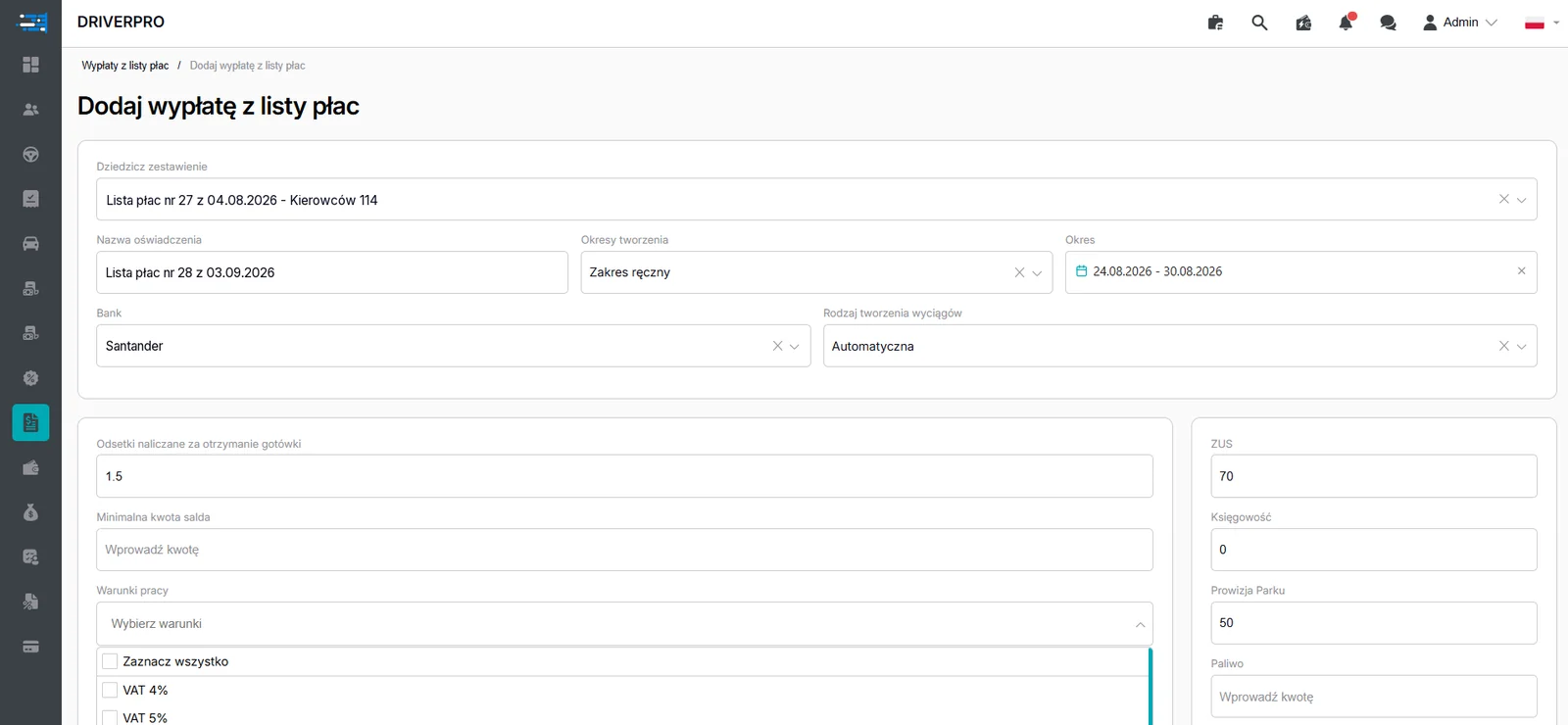 New payroll payout: period, bank, statement mode, ZUS, accounting fee and fleet commission