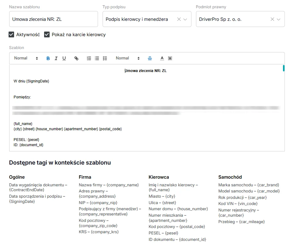 A contract template with tags: driver, company and car details are filled in automatically