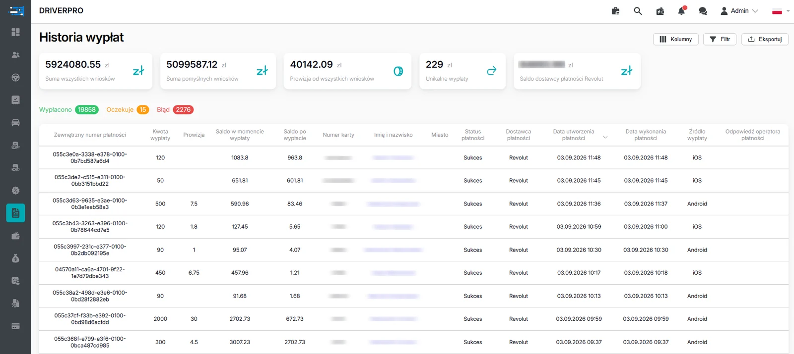 Payout history: every request with amount, commission, Revolut payment status and source (iOS or Android)