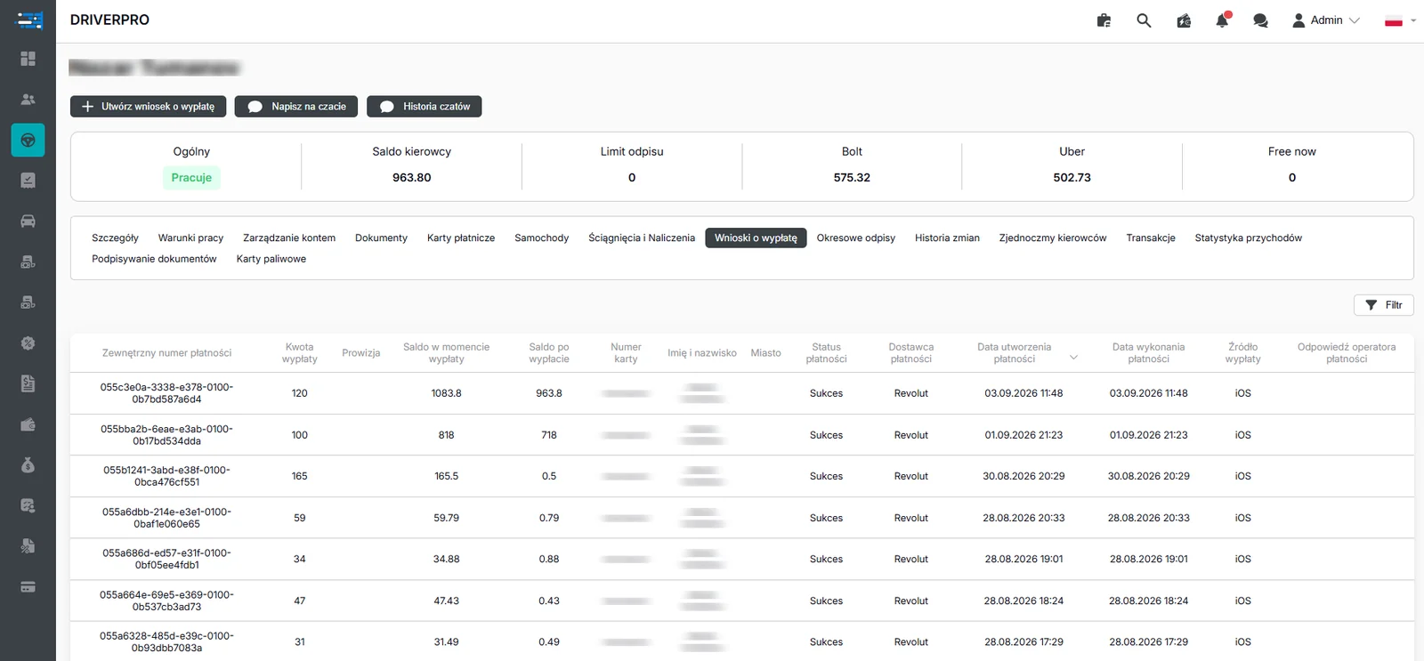 Driver profile: balance, Bolt and Uber balances and payout request history